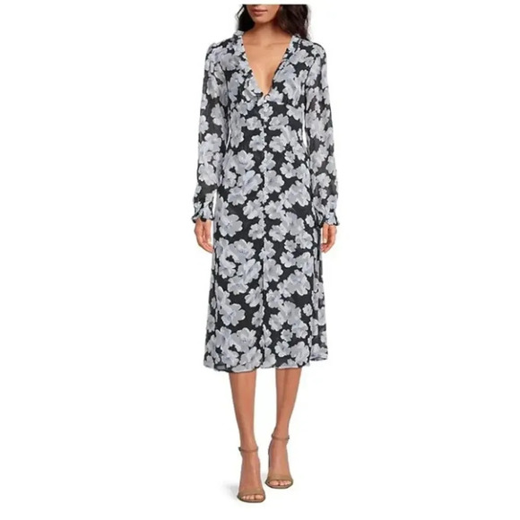 NWOT Teagan Floral Print V-Neck Long Ruffle Sleeve Midi Dress En Saison M - Picture 8 of 11